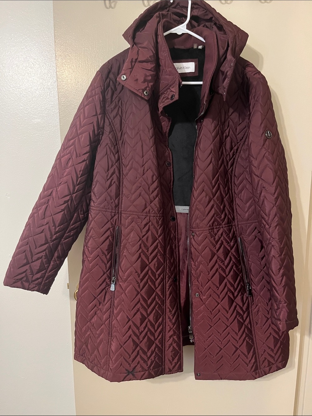 Calvin Klein Quilted Hooded Coat in Deep Wine